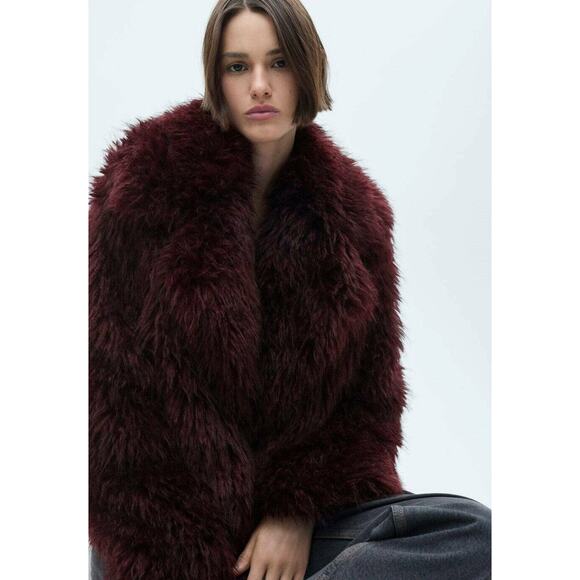 Mango Fur Jacket With Lapels - L - Burgundy - Picture 5 of 7